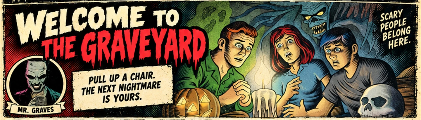 Welcome to the Graveyard. Pull up a chair. The next nightmare is yours. Mr. Graves welcomes three listeners gathered around a candle.