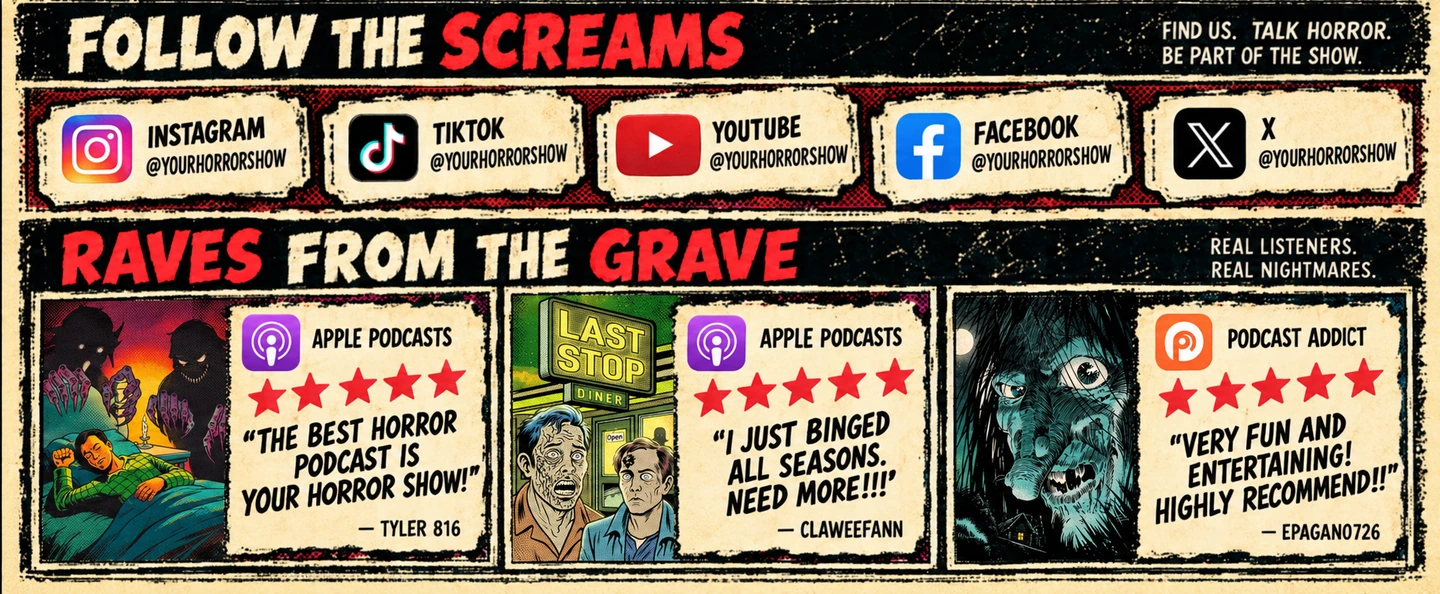 Follow Your Horror Show on Instagram, TikTok, YouTube, Facebook, and X. Five-star listener reviews: The best horror podcast is Your Horror Show, by Tyler 816 on Apple Podcasts. I just binged all seasons. Need more, by claweefann on Apple Podcasts. Very fun and entertaining. Highly recommend, by epagano726 on Podcast Addict.